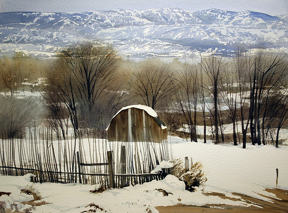 barn in winter snow |watercolor | 22 x 30 GICLEE AVAILABLE