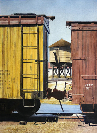 weathered boxcars |watercolor | 30 x 22 SOLD