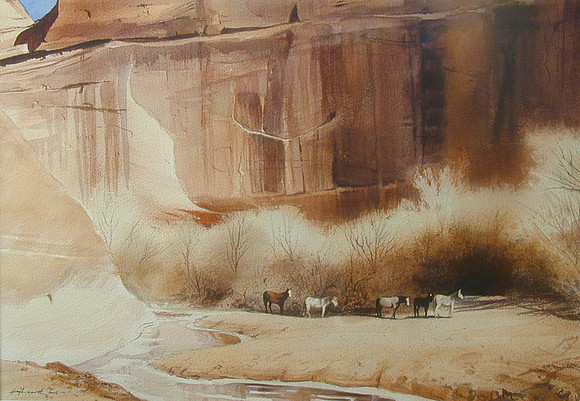 horses by the stream |watercolor | 14 x 20 SOLD